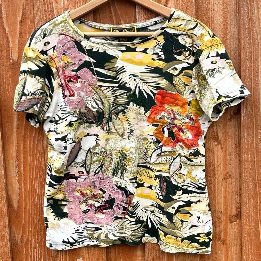 MIRASOL Boho Floral Appliqué Embroidered 100% Cotton Top Size M